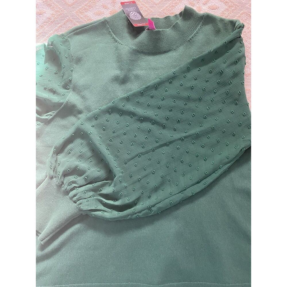 NWT Vince Camuto Cece Sz XL Green Wms Mock Neck Clip Dot Sheer Balloon Slv Swtr - Picture 8 of 11